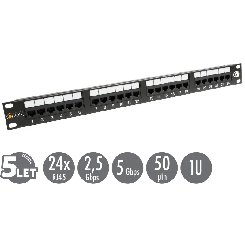 19" patch panel Solarix 24 x RJ45 CAT6 UTP 350 MHz čierny 1U SX24-6-UTP…