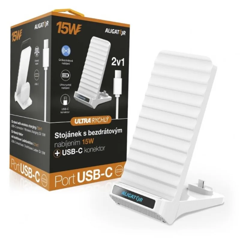 ALIGATOR Stojanček s bezdrôtovým nabíjaním 15W a USB-C konektorom, 2v1,…