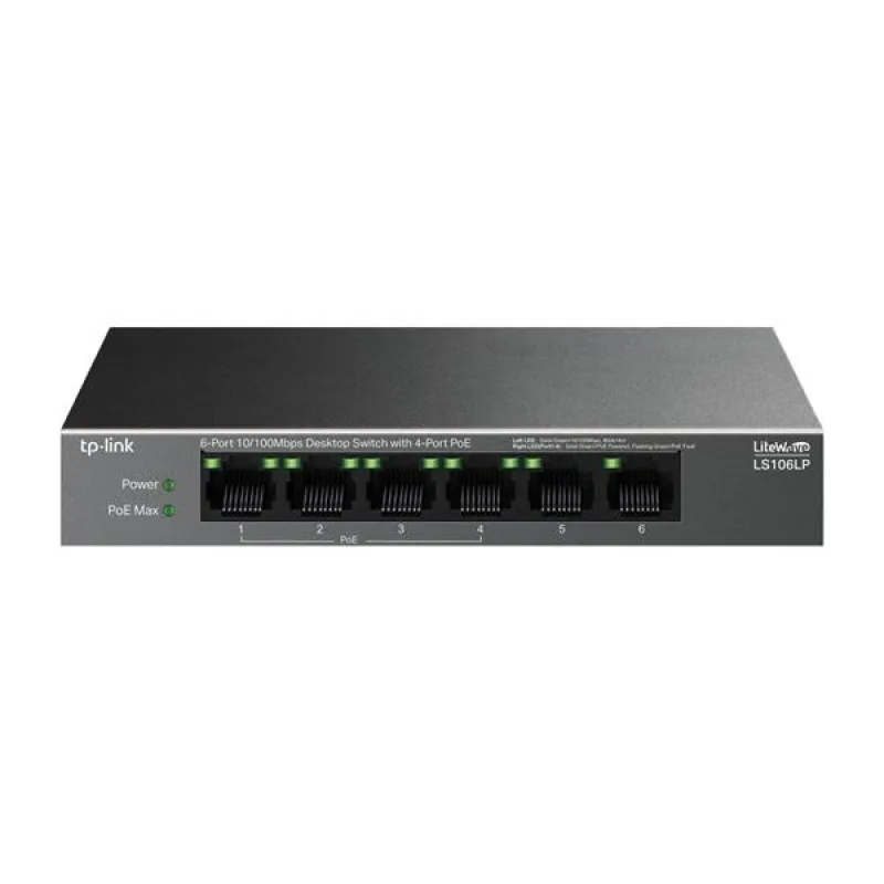 6-Port 10/100 Mbps Desktop Switch with 4-Port PoE PORT: 4× 10/100 Mbps…