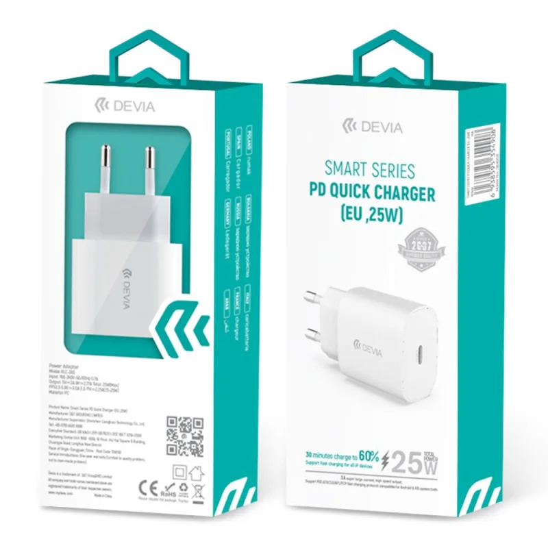 Devia sieťová nabíjačka Smart series PD Quick Charger 25W - White…