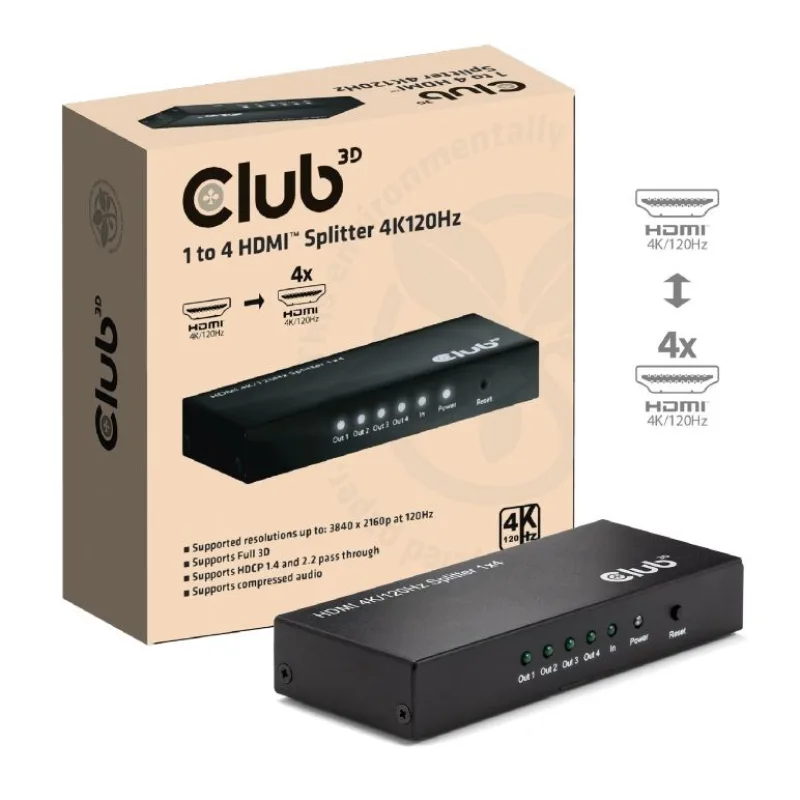 Club3D Video rozbočovač 1:4 HDMI 2.0 4K120Hz, 4 porty, černá CSV-1385