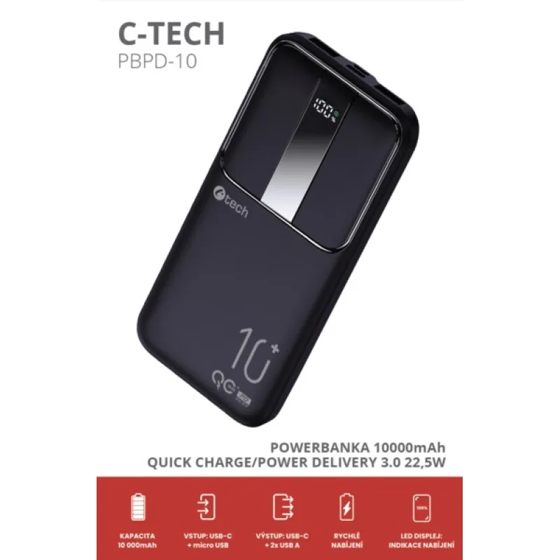 C-TECH Powerbanka 10000mAh, Li-Pol, 22, 5W, USB-C/ USB-A/ micro USB…
