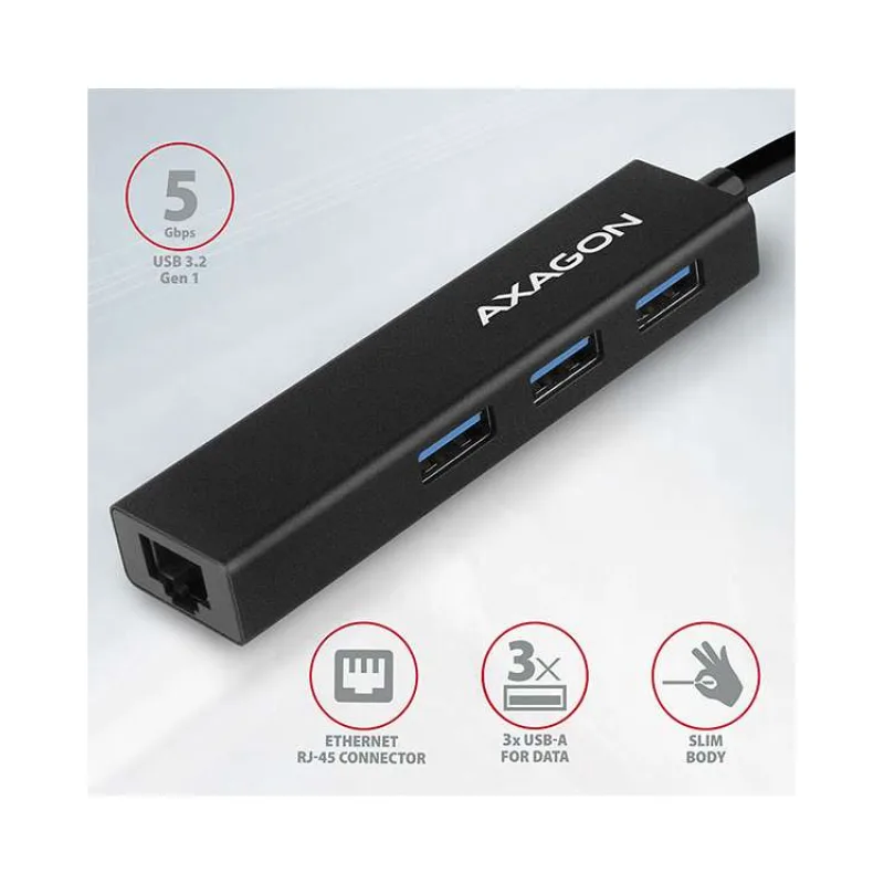 AXAGON HMA-GL3A, USB 3.2 Gen 1 hub, porty 3x USB-A + Gigabit Ethernet, kovový, kabel USB-A 20cm (HMA-GL3A)