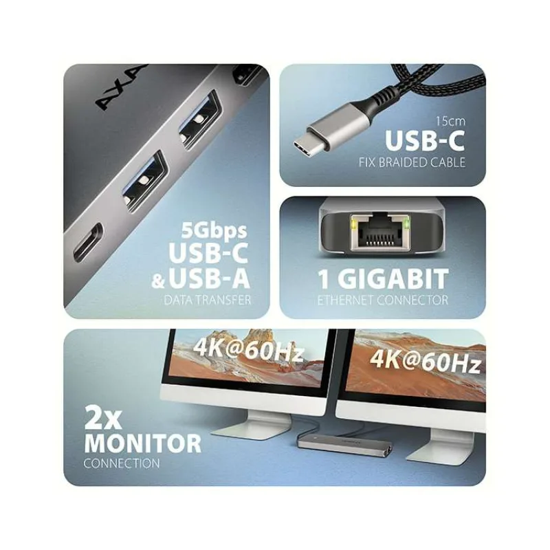 AXAGON HMC-7HX2, USB 5Gbps hub, 2x USB-A, USB-C, 2x HDMI 4k/60Hz, RJ-45 GLAN, PD 100W, kabel USB-C 15cm (HMC-7HX2)