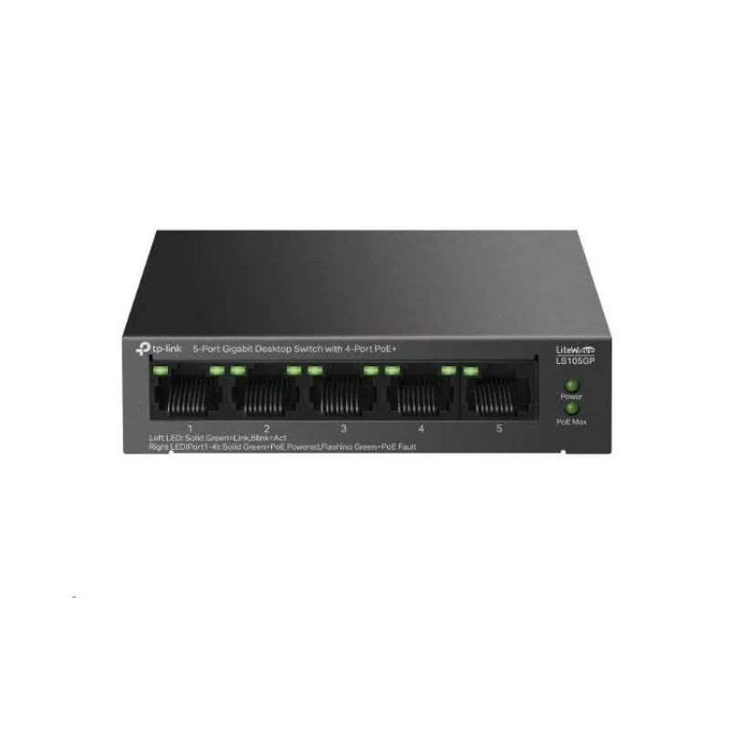 5-Port Gigabit Desktop Switch with 4-Port PoE+ PORT: 4× Gigabit PoE+ Ports, 1× Gigabit Non-PoE Port SPEC: 802.3af/at, (LS105GP)