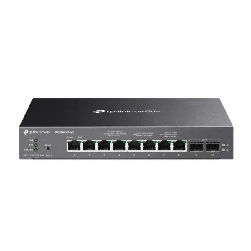 Omada 8-Port 2.5GBASE-T and 2-Port 10GE SFP+ Smart Switch with 8-Port PoE+ PORT: 8× 2.5G PoE+ Ports, 2× 10G SFP+ Slots S (SG2210XMP-M2)