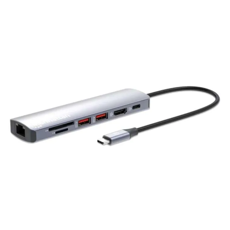 MANHATTAN Dokovací stanice USB-C 7v1, 1xHDMI, 1xUSB-C, 2xUSB, 1xRJ45, čtečka SD karet, šedá (153966)