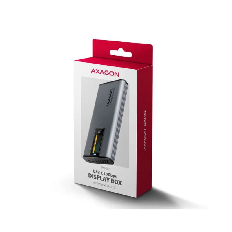 AXAGON EEM2-SD2 USB-C 10Gbps - M.2 NVMe & SATA SSD kovový DISPLAY box, bezšroubkový (EEM2-SD2)