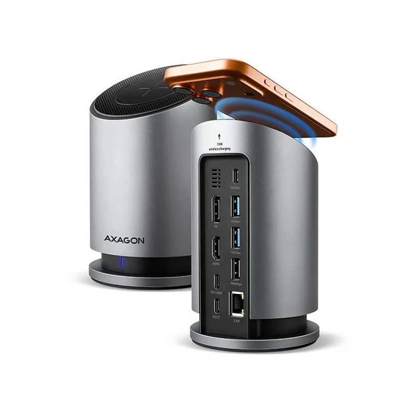 AXAGON HMC-WL9, USB 10Gbps hub s Qi, 3x USB-A, USB-C, HDMI & DP 4k/60Hz, RJ-45 GLAN, PD 100W, kabel USB-C 60cm (HMC-WL9)