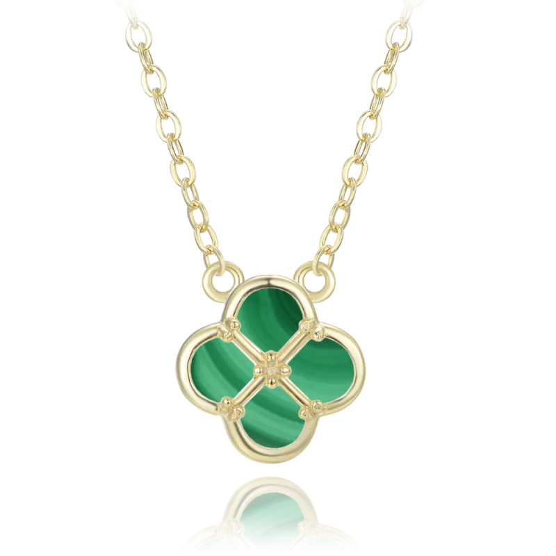 MINET Pozlacený stříbrný náhrdelník čtyřlístek s malachitem