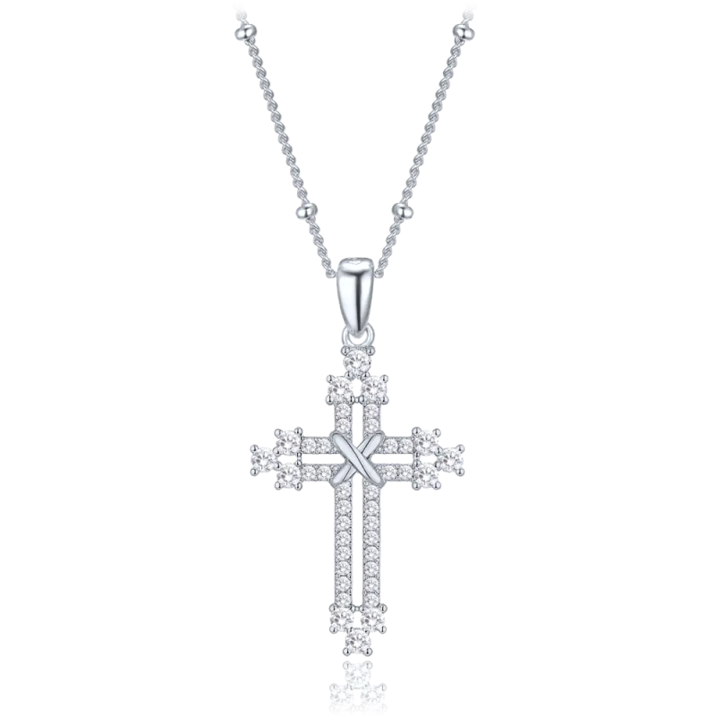 MINET Stříbrný náhrdelník křížek se zirkony a řetízek s kuličkami