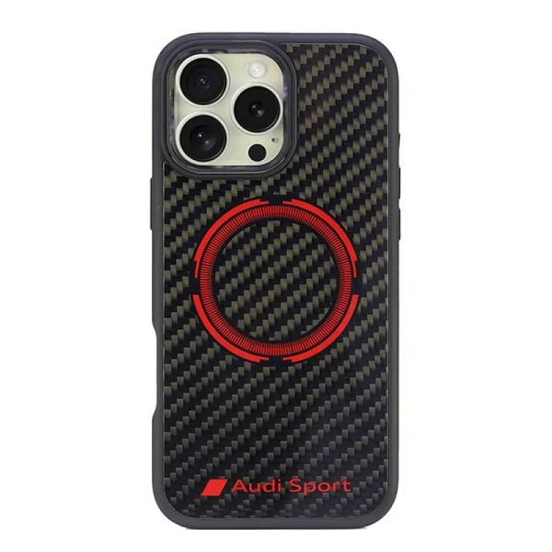 Puzdro Audi Carbon Fiber Sport Red Circle MagSafe Case pre iPhone 16 Pro Max 6,9" – čierne