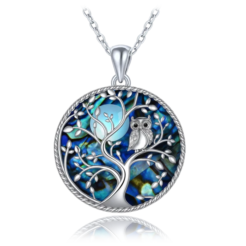 MINET Stříbrný náhrdelník strom života se sovou s černými zirkony a perletí