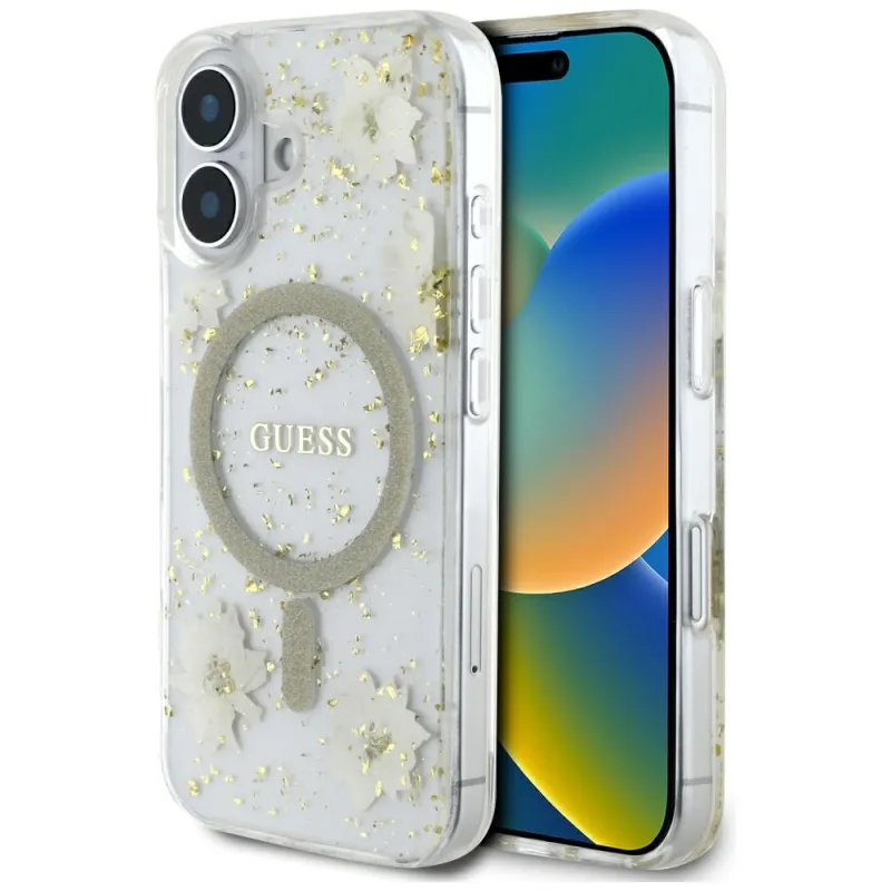 Puzdro Guess Resin Flowers Glitter MagSafe na iPhone 16 – béžové