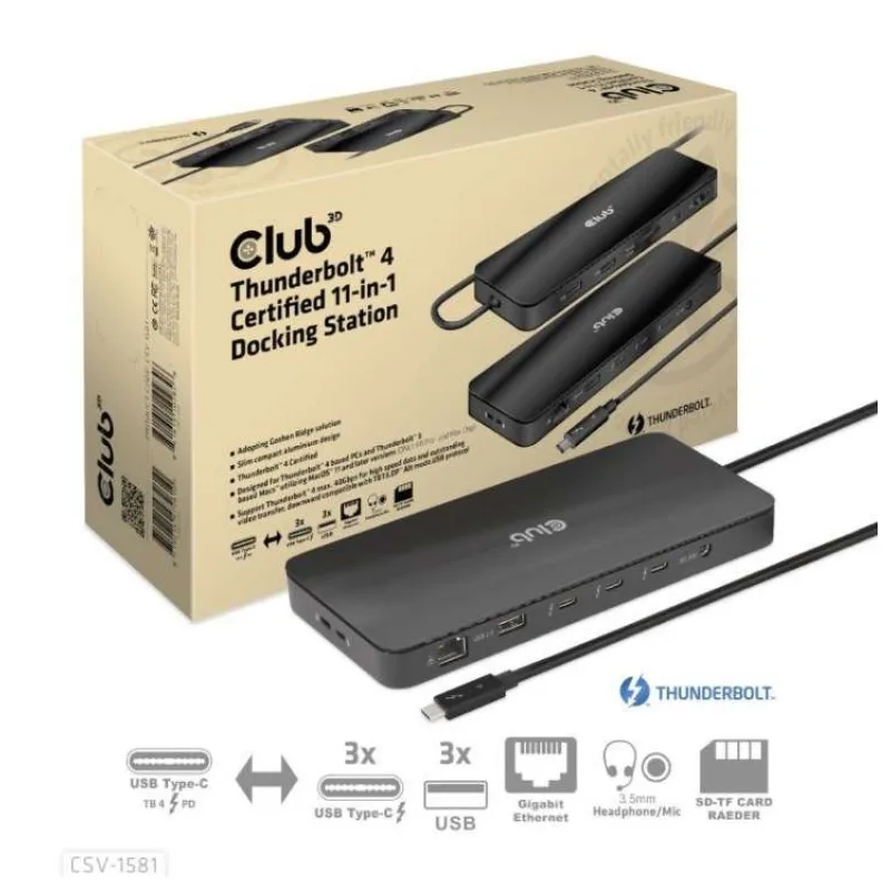 Club3D Dokovací stanice USB-C 11v1, 2xDP, 3xUSB-C, 3xUSB, 1xRJ45, čtečka SD karet, černá (CSV-1581)