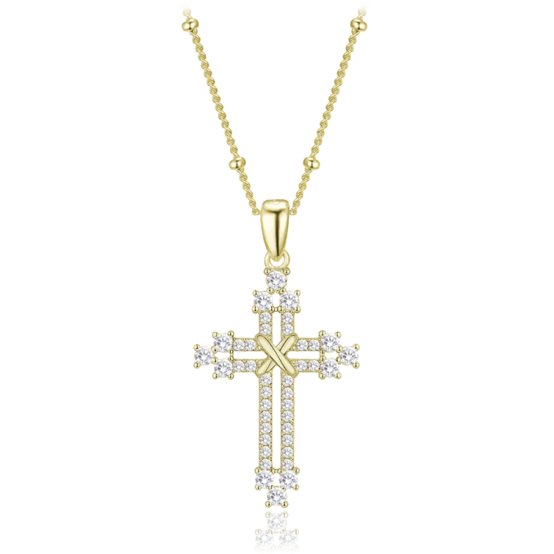 MINET Pozlacený stříbrný náhrdelník křížek se zirkony a řetízek s kuličkami