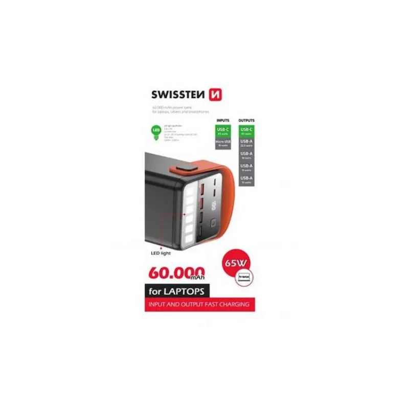 SWISSTEN POWER LINE POWER BANK 60000 mAh 65W POWER DELIVERY BLACK / svítilna (22013943)