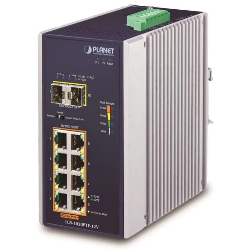 Planet IGS-1020PTF-12V Průmyslový L2 PoE switch, 8x1Gb + 2xSFP, 802.3at 30/240W, IP30, -40~+75°C, 12-56VDC (IGS-1020PTF-12V)