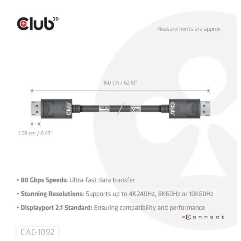 Club3D Kabel DisplayPort 2.1 na DisplayPort 2.1, VESA DP80, 4K240Hz/8K60Hz/10K60Hz (M/M), 1.6m, černá (CAC-1092)