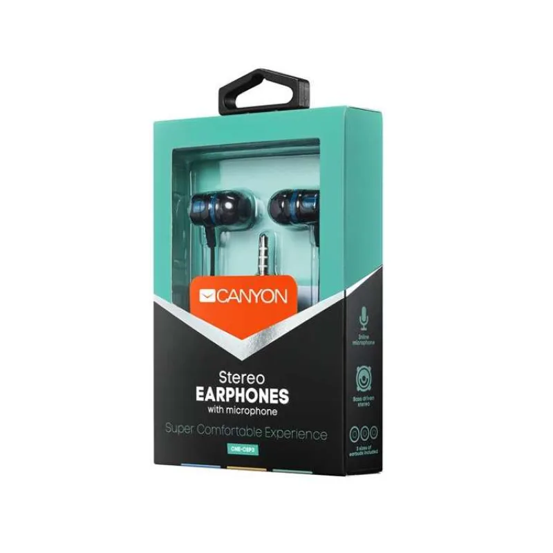 Canyon EP-3, pohodlné slúchadlá do uší, pre smartfóny, integr. mikrofón a ovládanie, čierne + zeleno-modré prvky (CNE-CEP3G)