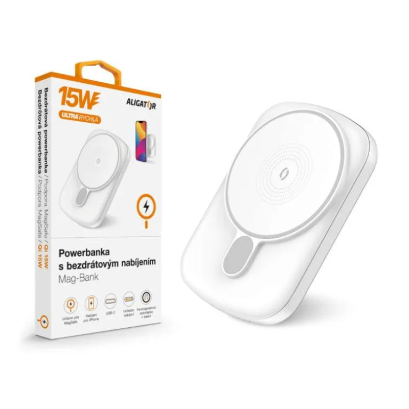 ALIGATOR Powerbanka s bezdrátovým nabíjením ALIGATOR Mag-Bank, určeno pro Magsafe, 5000mAh, bílá (AMS03WT)