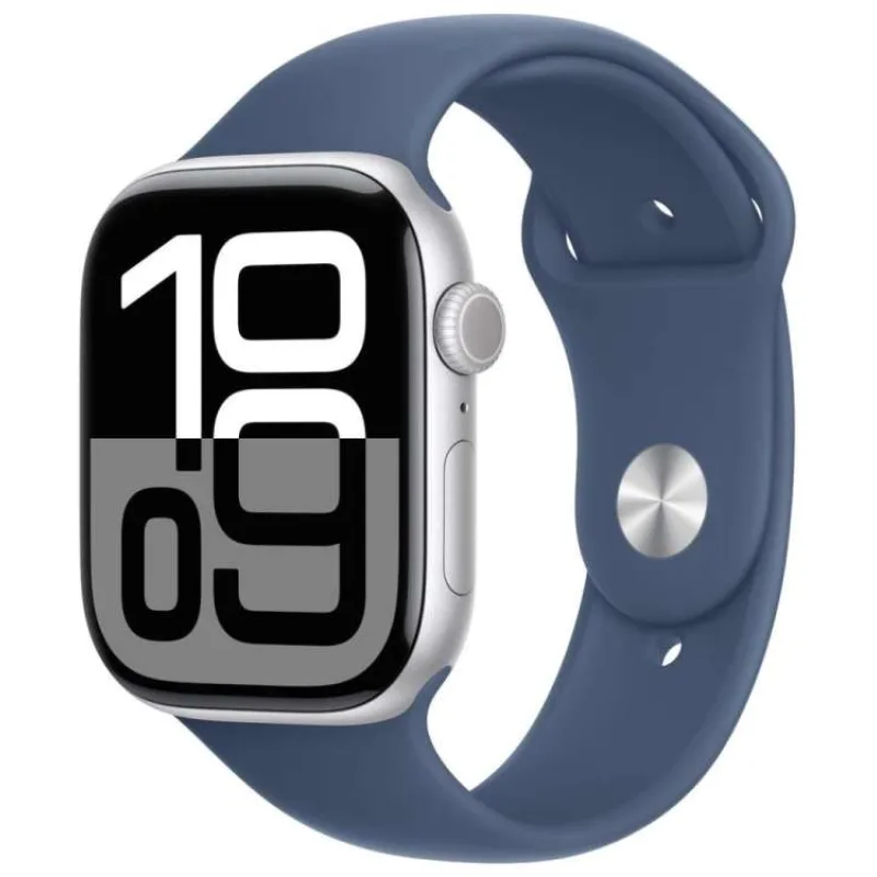 Apple Watch Series 10 GPS + Cellular 46mm Silver Aluminium Case with Denim Sport Band - S/M (mwy03qc/a)