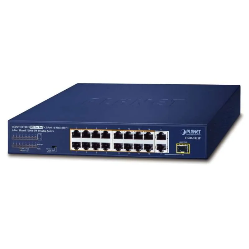 Planet FGSD-1821P PoE switch, 16x100M + 1xGb/SFP, extend mód 10Mb-250m, PoE 802.3at 185W (FGSD-1821P)