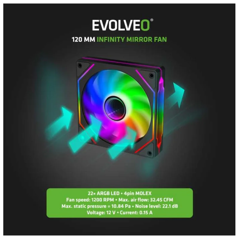 EVOLVEO 120UX-S, ventilátor, 120mm, 4pin molex, ARGB, slave, černý (120UX-S-ARGB-BK)