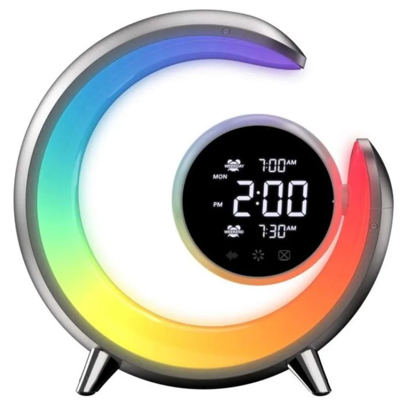 IMMAX LED noční lampička PEACOCK s hodinami/ RGB světlo/ 20W/ 400lm/ 5V/2,1A/ USB port/ stříbrná (08985L)