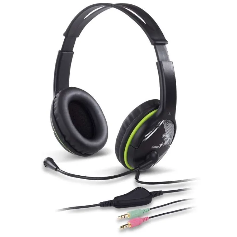 Genius HS-400A Headset, herní, drátový, náhlavní, mikrofon, ovládání hlasitosti, 2× 3,5mm jack, redukce na 1× 3,5mm, černo-zelen (31710031400)