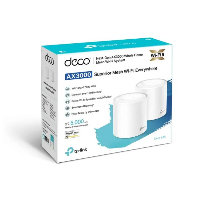 AX5400 Whole Home Mesh Wi-Fi 6 System SPEED: 574 Mbps at 2.4 GHz + 4804 Mbps at 5 GHz SPEC: 4× Internal Antennas, 2× Gig (Deco X60(2-pack))