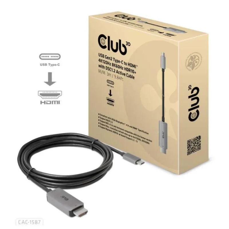 Club3D kabel USB-C na HDMI, 4K120Hz 8K60Hz HDR10 s DSC1.2, Aktivní kabel, M/M, 3m (CAC-1587)
