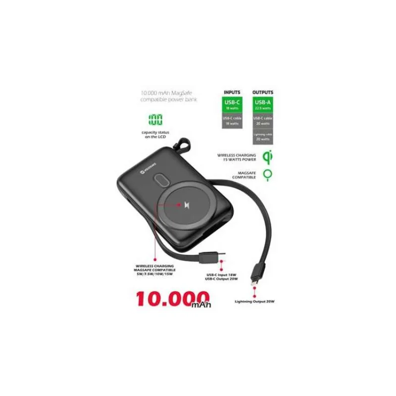 Swissten power bank 10000 mah pd 20w s integrovanými kabely usb-c a lightning (kompatibilní s magsafe) (22013933)