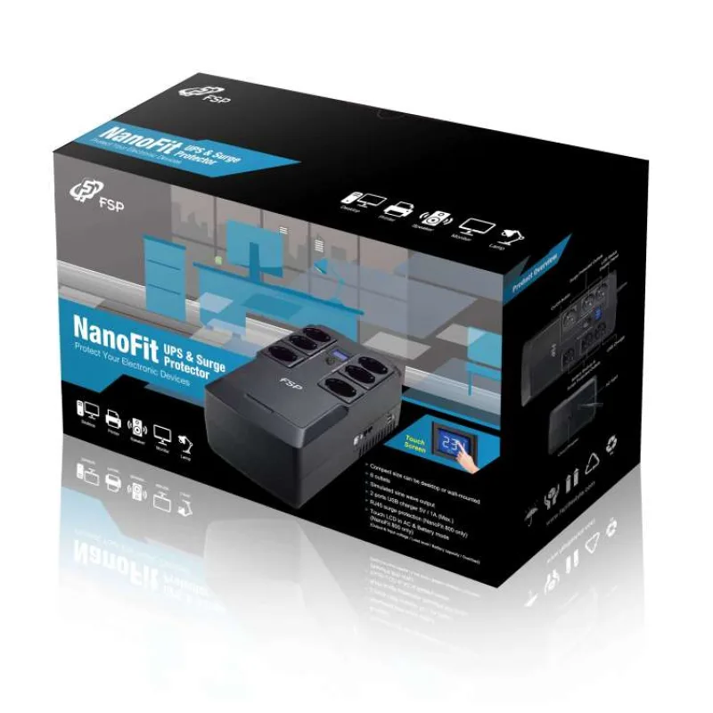 FSP UPS NanoFit 800, 800 VA / 480 W, 2xUSB power, LCD, RJ45, offline (PPF4801702)