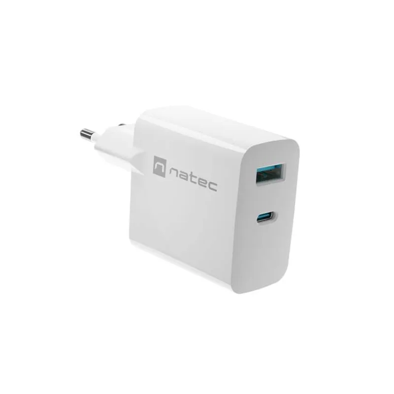 Univerzálna USB nabíjačka Natec RIBERA GaN 1X USB-A + 1X USB-C 65W, Biela (NUC-2144)