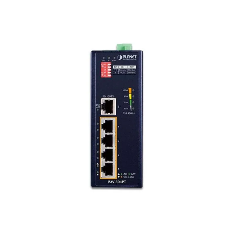Planet ISW-504PT Průmyslový Switch 5x RJ-45, VLAN + Extend, -40~+75°C, PoE+ 802.3af/at 120W, 12-48VDC power-in (ISW-504PT)
