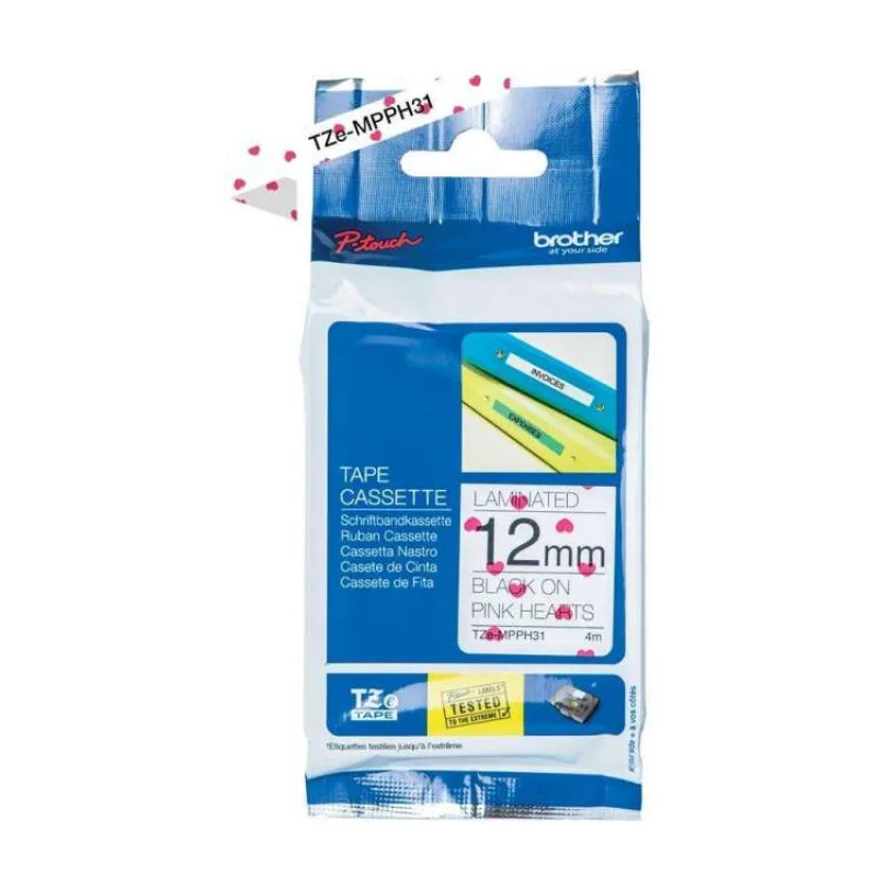 Brother TZe-MPPH31, ružové srdiečka/čierna, 12mm (TZEMPPH31)