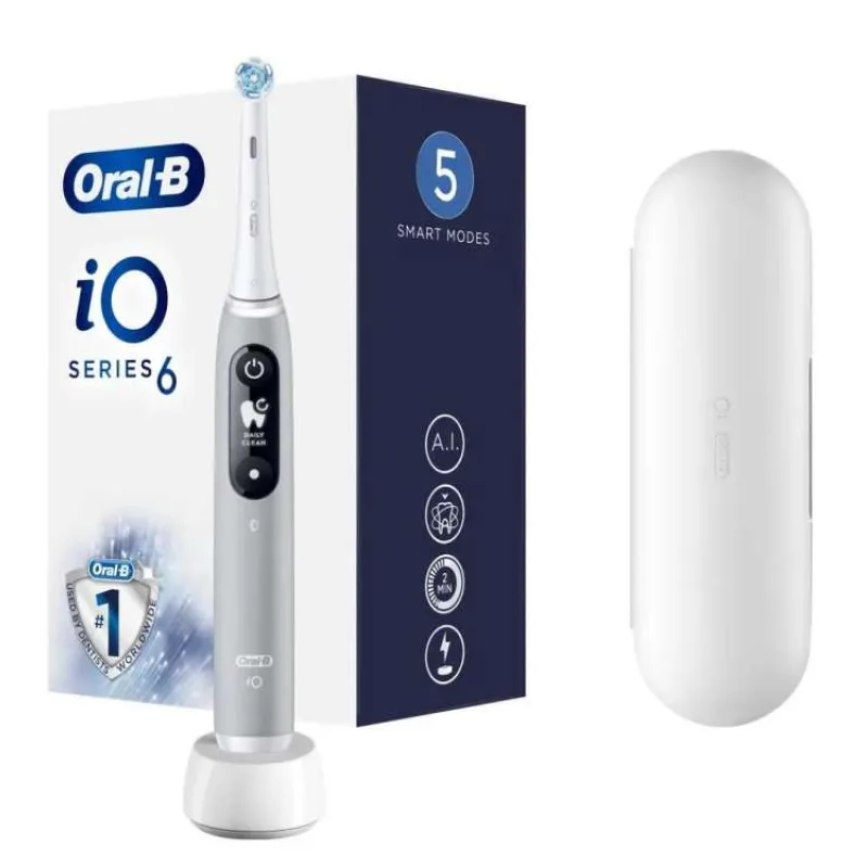 Oral-B iO Series 6 Grey Opal elektrický zubní kartáček, magnetický, 5 režimů, tlakový senzor, AI, pouzdro (4210201381686)