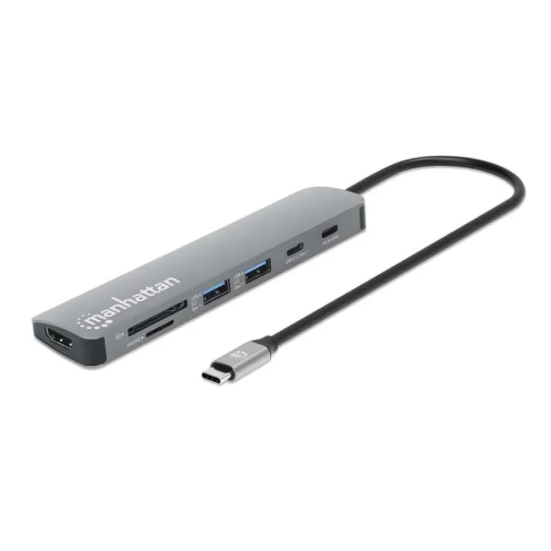 MANHATTAN Dokovací stanice USB-C 7v1, 1xHDMI, 2xUSB-C, 2xUSB, čtečka SD karet, šedá (190442)
