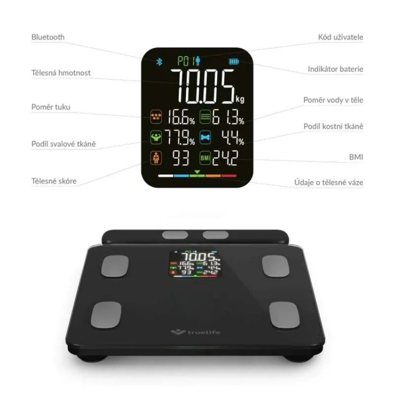 TrueLife FitScale W8 BT Black - osobní diagnostická bluetooth váha (TLCSMFSW8NNBA)