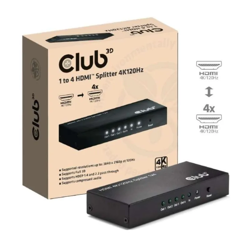 Club3D Video rozbočovač 1:4 HDMI 2.0 4K120Hz, 4 porty, černá (CSV-1385)