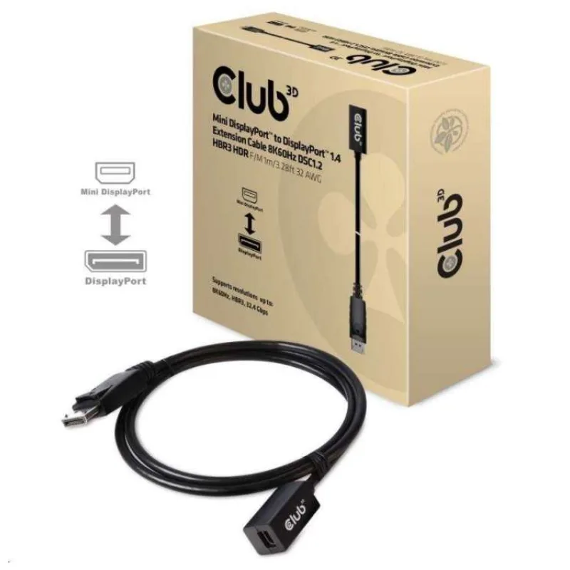 Club3D Prodlužovací kabel Mini DisplayPort 1.4 na DisplayPort 8K 60Hz DSC 1.2 HBR3 HDR Bidirectional (F/M), 1m (CAC-1120)