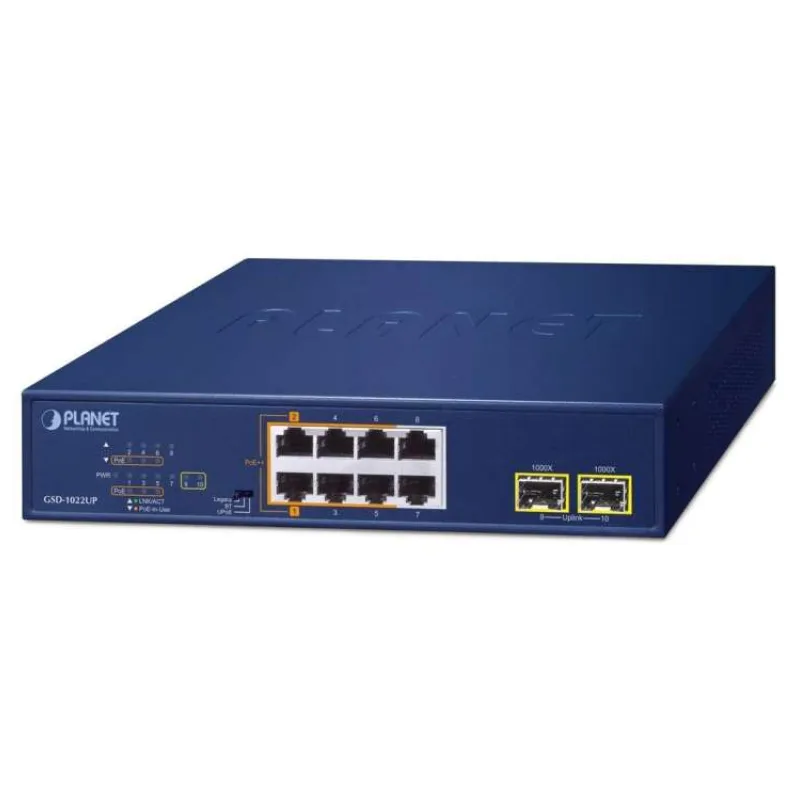 Planet PoE switch 8x1Gb + 2xSFP 1Gb, PoE 180W, 2x 802.3bt + 4x 802.3at (GSD-1022UP)
