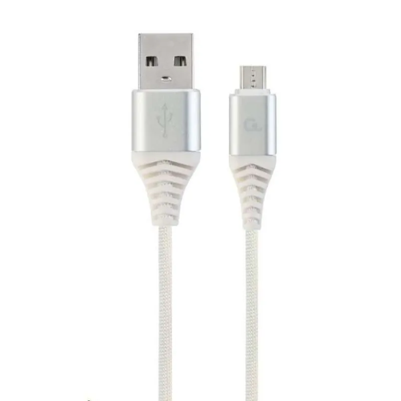 Kábel CABLEXPERT USB 2.0 AM na MicroUSB (AM/BM), 2m, opletený, bielo-strieborný, blister, PREMIUM QUALITY (CC-USB2B-AMmBM-2M-BW2)