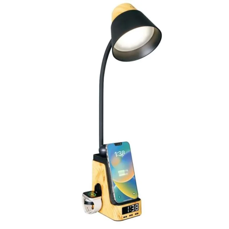 IMMAX LED stolní lampička IDEAL/ Qi nabíjení/ CCT/ 8W/ 800lm/ budík s hodinami/ světlé dřevo/černá (09000L)