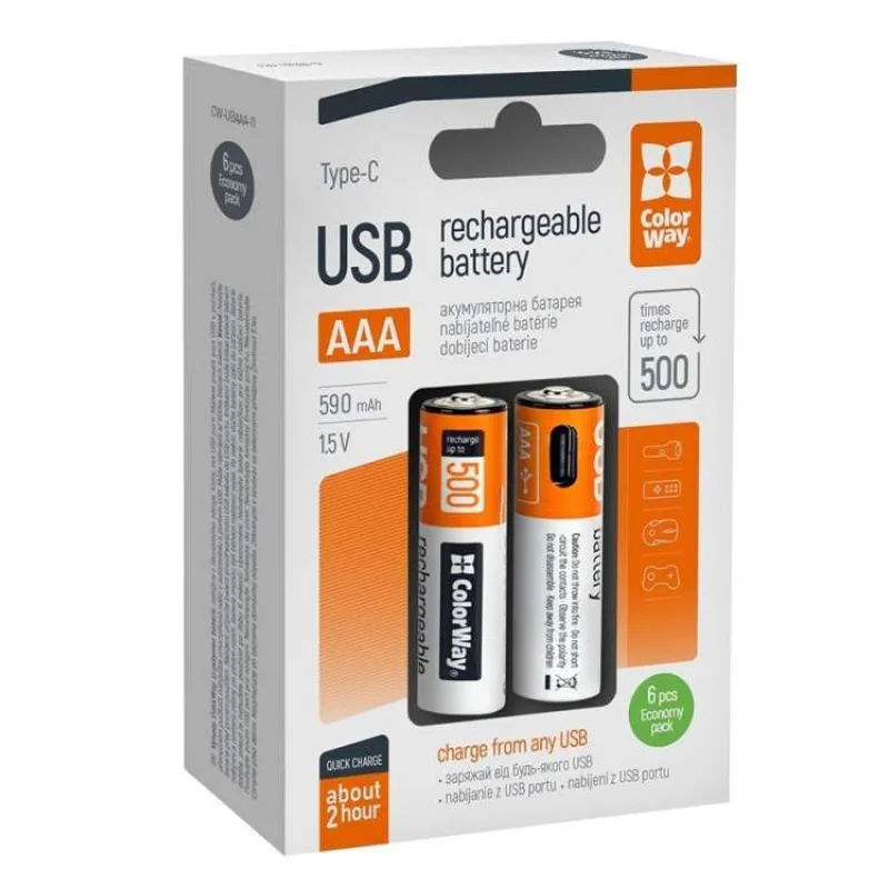 Colorway nabíjecí baterie AAA 590mAh/ USB-C/ 1.5V/ 6ks v balení (CW-UBAAA-11)