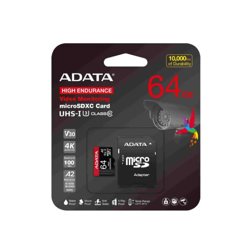 ADATA MicroSDXC karta 64GB High Endurance UHS-I C10 V30 A2 (R:100/W:80 MB/s) + SD adaptér (AUSDX64GUI3V30SHA2-RA1)