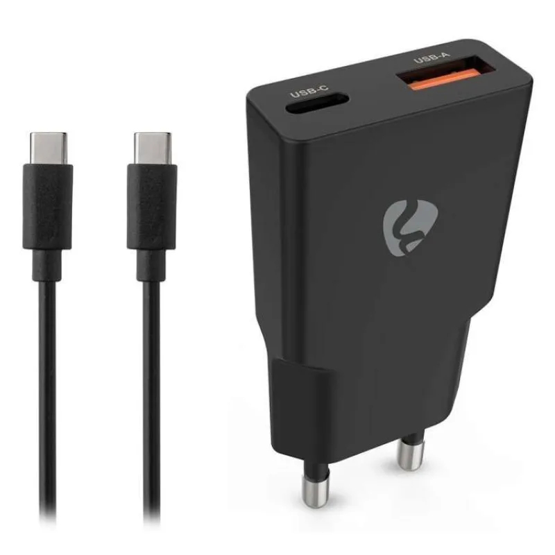 NEDIS síťová nabíječka/ 20 W/ PD 3.0/ rychlé nabíjení/ 1.5 / 2.0 / 2.22 / 3.0 A/ USB-A/ USB-C/ černá/ kabel 1,5m (WCHA20BKUC)