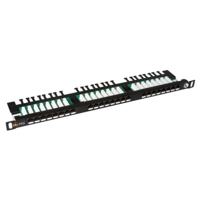 Solarix 19" Patch panel 24xRJ45 CAT5E UTP s vyvaz.lištou černý 0,5U, SX24HD-5E-UTP-BK (24000144)