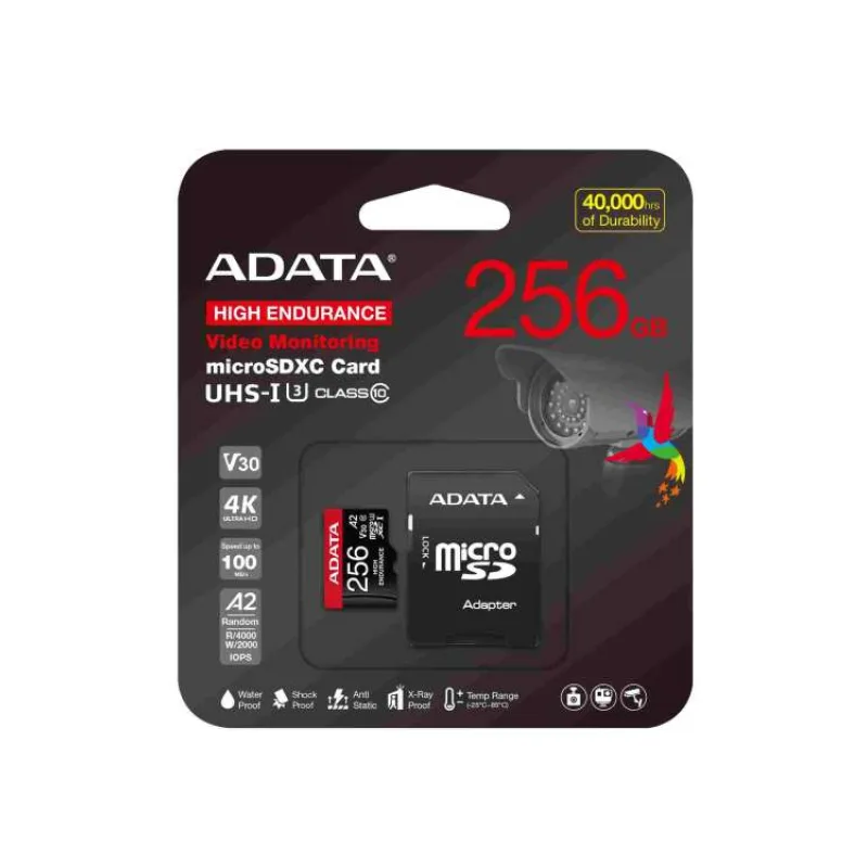 ADATA MicroSDXC karta 256GB High Endurance UHS-I C10 V30 A2 (R:100/W:85 MB/s) + SD adaptér (AUSDX256GUI3V30SHA2-RA1)